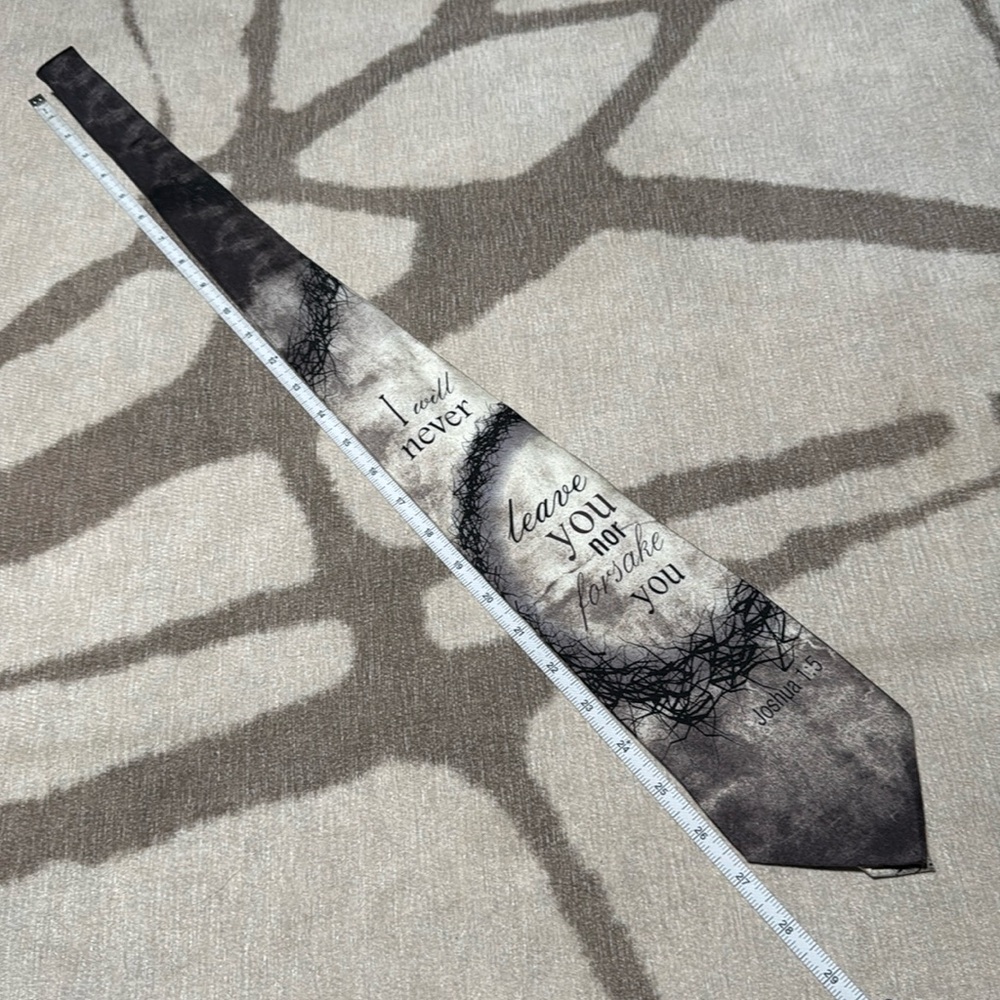 2000s Religious Gray & Tan Tie 58” Length Joshua 1:5 Quote 100% Silk Pastors